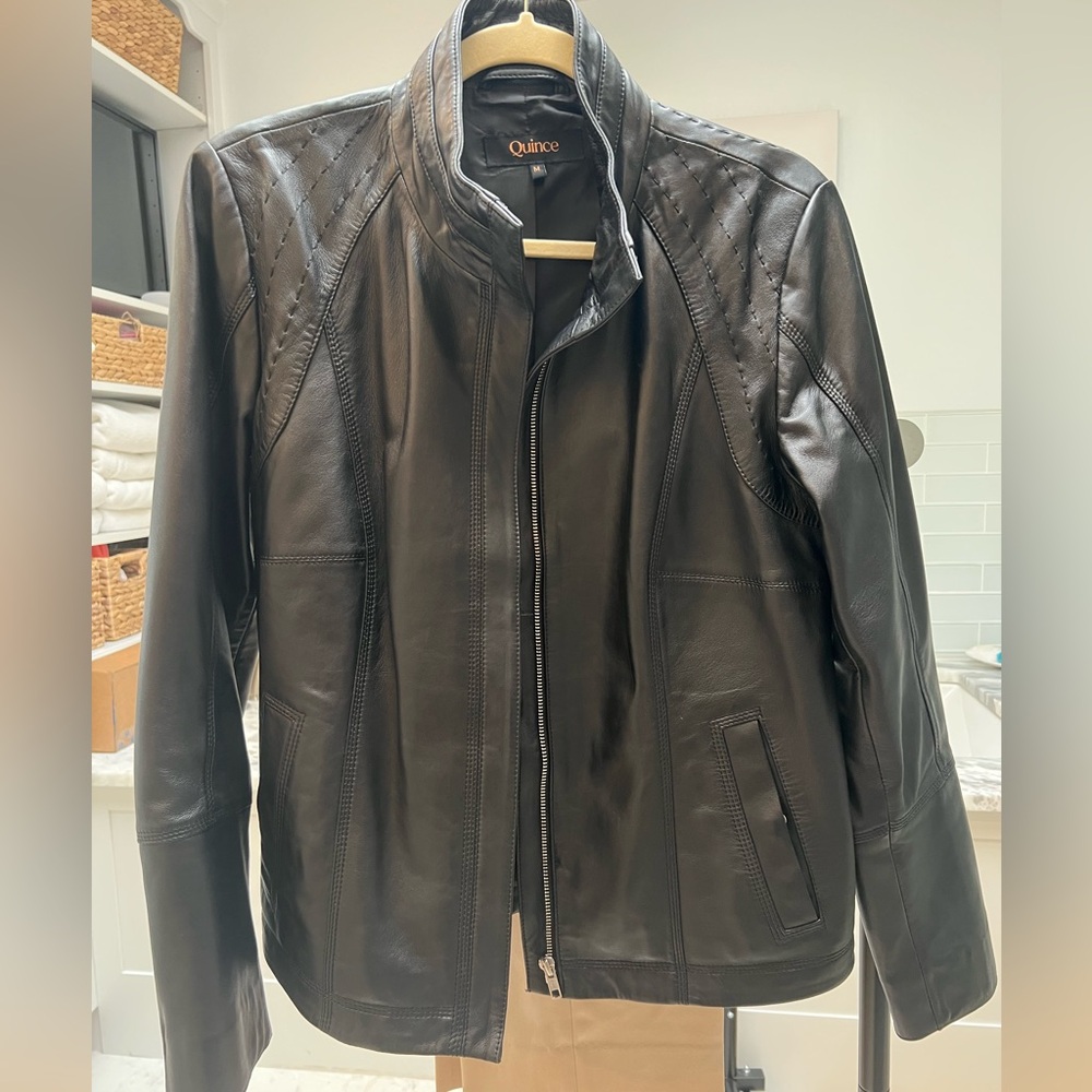 Quince Black Leather stand collar Jacket for women NWOT size M